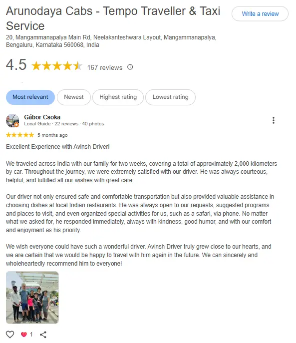 arunodaya cabs - customer review on tempo traveller