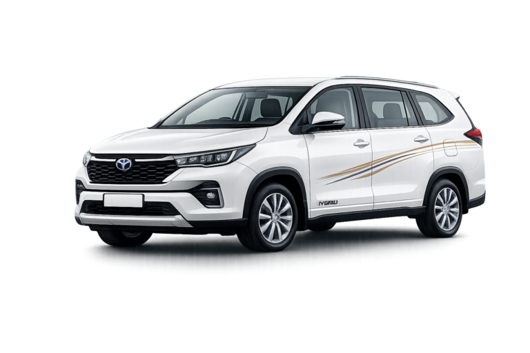 White Toyota Innova Crysta car for rent in Bangalore, spacious MPV ideal for family trips, airport transfers, and outstation travel.