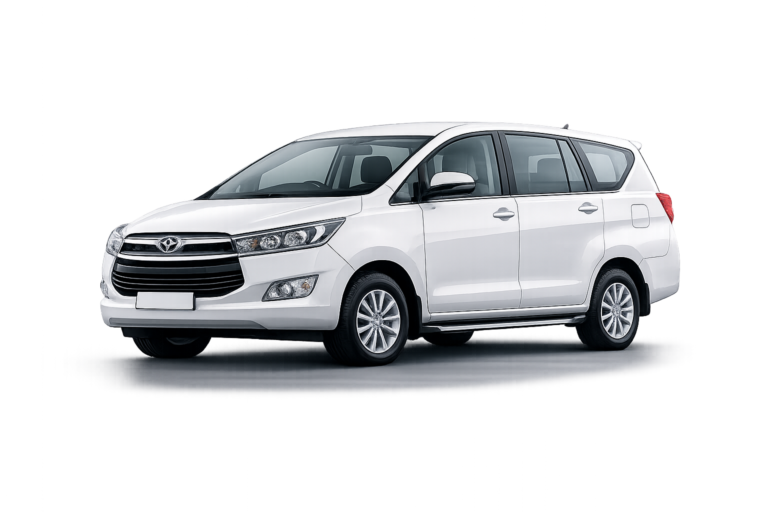 White Toyota Innova Crysta car for rent in Bangalore, spacious MPV ideal for family trips, airport transfers