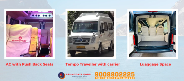 AC Tempo Traveller for rent in Bangalore with push back seats, roof carrier, and spacious luggage are