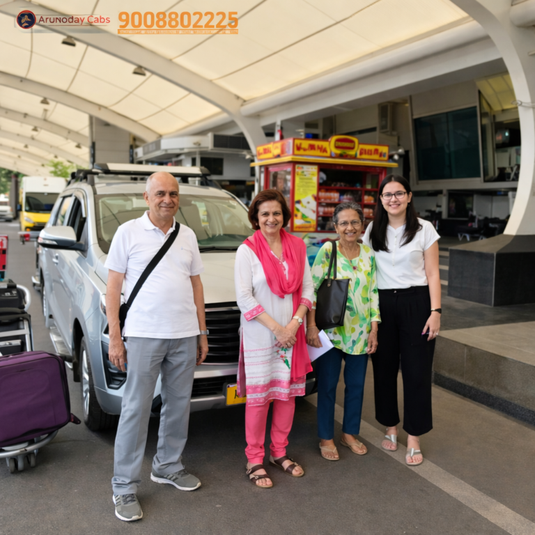 Family posing with SUV cab at Bangalore airport pickup point for Bangalore to Nandi Hills trip, with luggage ready for outstation travel.
